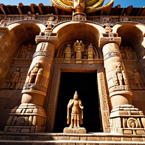 **

"Ayacucho Temple exterior, showcasing the blend of Inca stonework and Spanish colonial Baroque architecture. Capture the Inti sun god statue above the main entrance. Focus on the intricate carvings depicting both Inca mythological figures and Christian saints. Golden hour lighting, wide angle."

**
