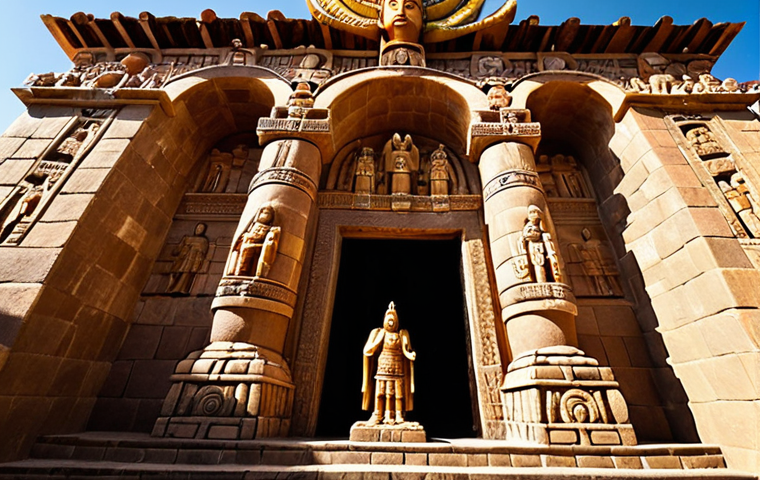 **

"Ayacucho Temple exterior, showcasing the blend of Inca stonework and Spanish colonial Baroque architecture. Capture the Inti sun god statue above the main entrance. Focus on the intricate carvings depicting both Inca mythological figures and Christian saints. Golden hour lighting, wide angle."

**